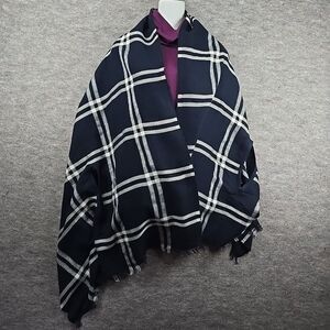 J Crew Woman's 74" x 29" Blue Plaid Cape Scarf w/ Arm Holes Acrylic/Cotton/Poly